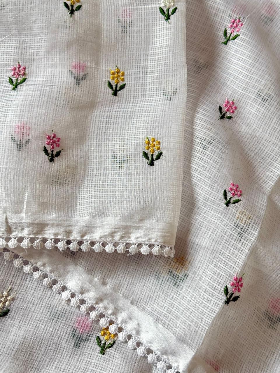 Embroidered Kota Fabric Saree with Pom Pom Border & Blouse Piece — Lightweight Daily Wear